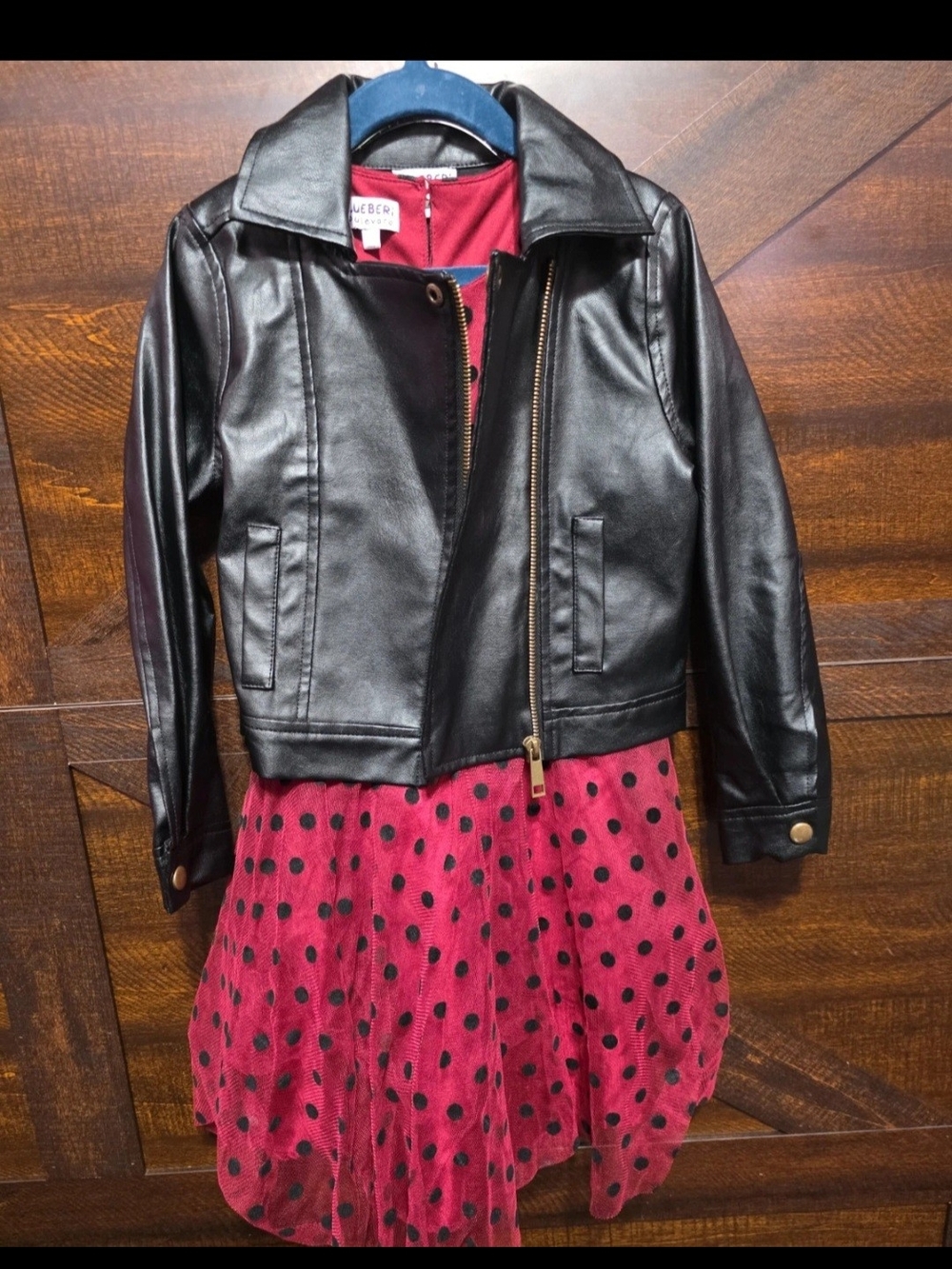 Blueberi Boulevard Black Faux Leather Jacket with Red Polka Dot Dress Accent
